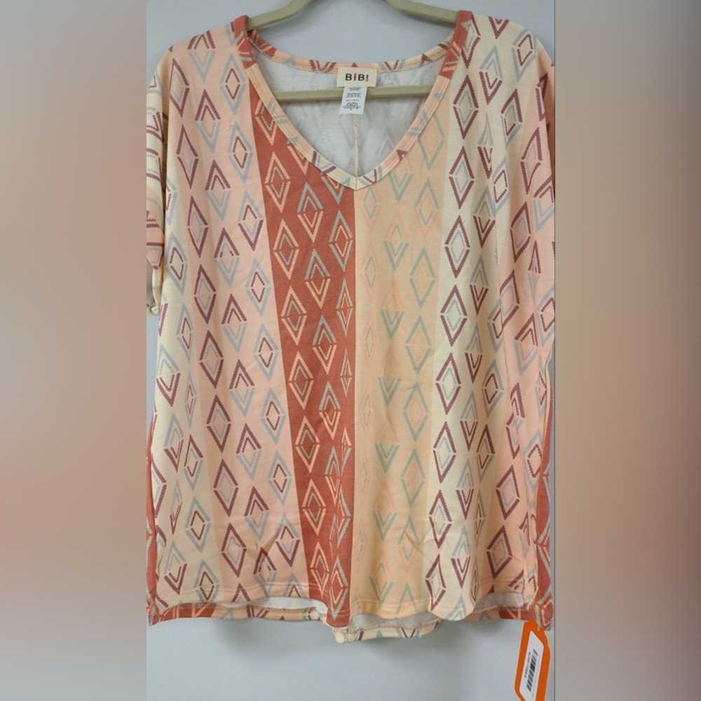 BiBi Aztec Geometric Arizona French Terry V-Neck Tee in Rust Pink Combo